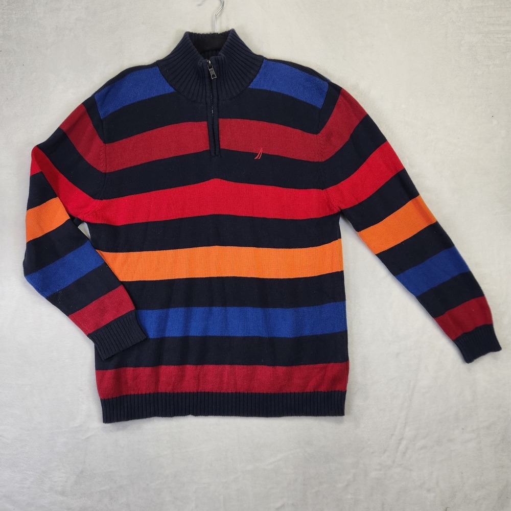 Nautica Boys XL 18/20 Striped Quarter Zip Cotton Sweater Navy Red Orange Blue
